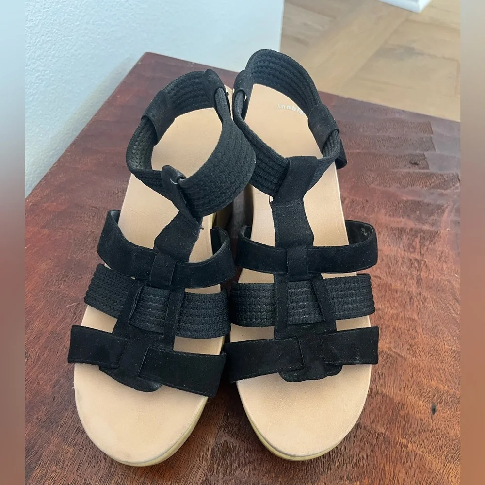 Dr. Scholl's Faux Wood Black Chunky Platform Heeled Blossom Boho Sandal Sz 11